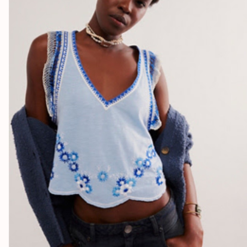 Embroidered Blue Sleeveless Free People Top